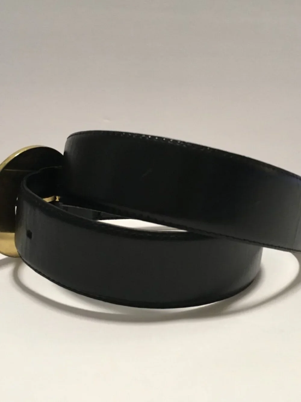 Vintage Liz Claiborne Black Leather Belt Fullgrain Semi Aniline Gold Tone Sz L